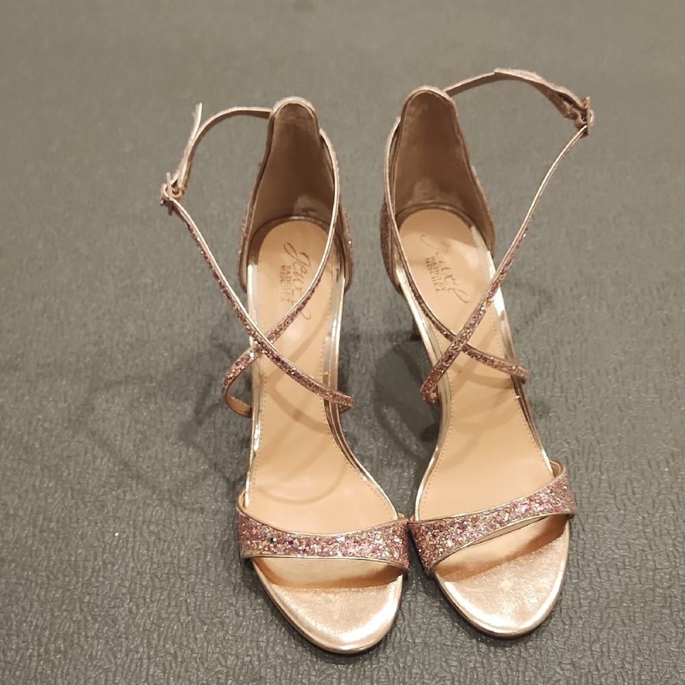 Jewel Badgley Mischka Rose Gold Glitter Strappy Heels